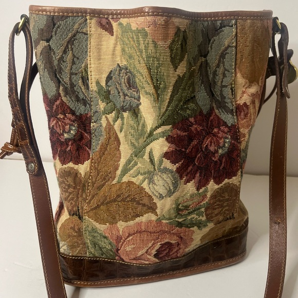 Vintage 90s Brahmin floral tapestry leather satchel bucket shoulder bag - Picture 6 of 16